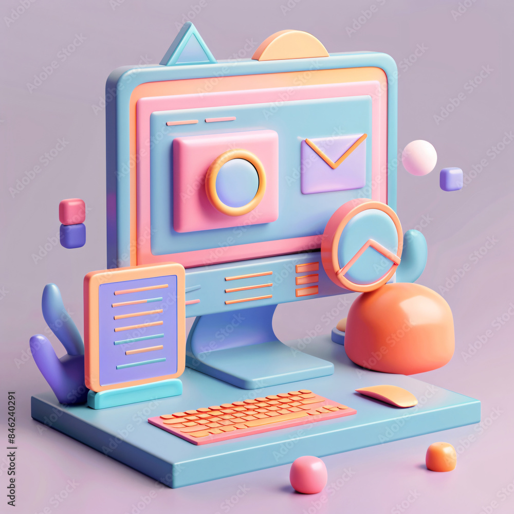 Poster 3d computer with icons with copy space text for website design
