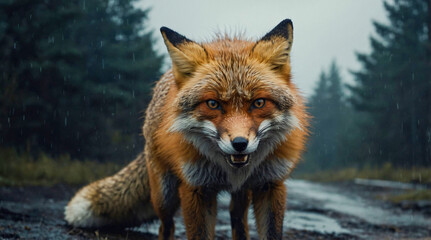 a fierce fox, bedraggled and intense, stares directly at the camera amidst a gloomy forest setting.