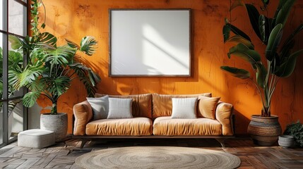 Empty paintings with a white monochrome canvas are inscribed in the finished orange interior design. Ready to post your images or pictures for ads