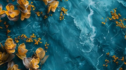 Elegant Teal Marble with Saffron Leaves and Plants for Botanical Themed Designs Photo
