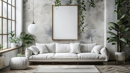 Empty paintings with a white monochrome canvas are inscribed in the finished white interior design. Ready to post your images or pictures for ads