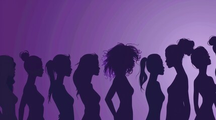 Witness the evocative illustration capturing diverse silhouette women against a mesmerizing purple background, with an emphasis on simplicity and minimalism