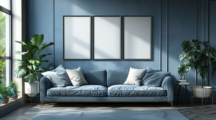 Empty paintings with a white monochrome canvas are inscribed in the finished blue interior design. Ready to post your images or pictures for ads