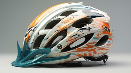 A helmet with a vibrant orange and blue design.