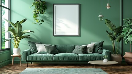 Fototapeta premium Empty paintings with a white monochrome canvas are inscribed in the finished green interior design. Ready to post your images or pictures for ads