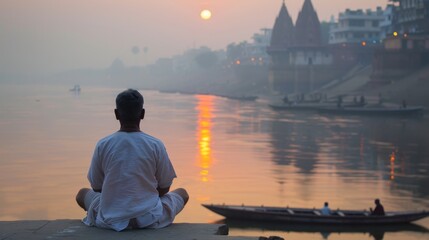 Meditation on the banks of the Ganges River in Varanasi. Buddhism, India