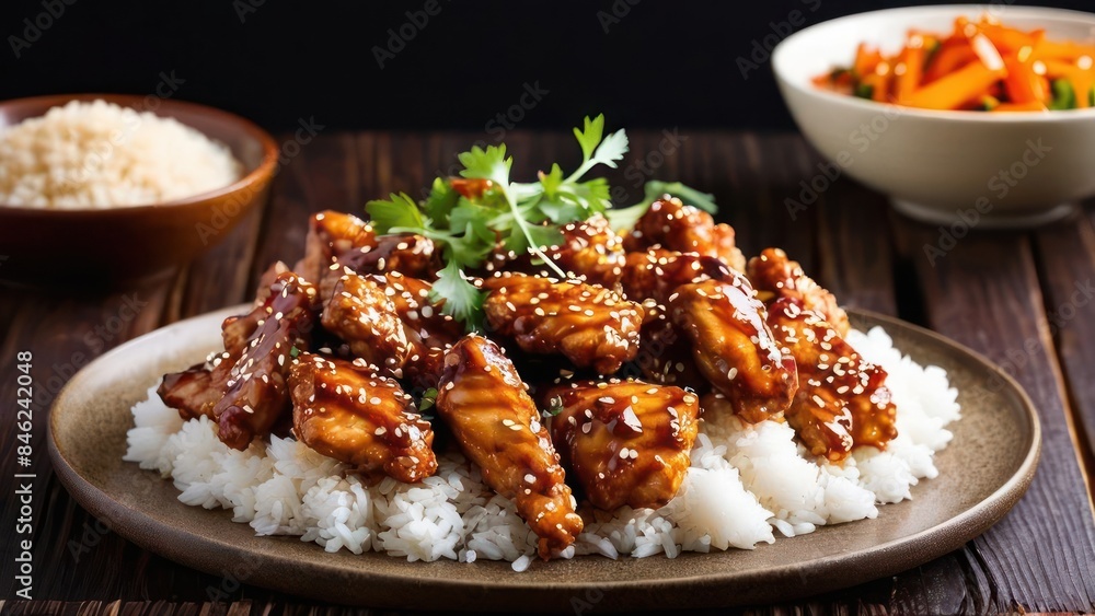 Wall mural Minimalist Elegance, Chicken Skewers with Asian Fusion Sauce, Accompanied by White Rice, Enhanced with Green Onion and Sesame Seeds