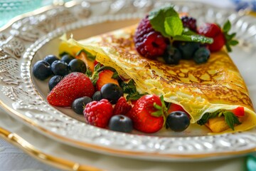 A colorful breakfast plate featuring vegetable crepes and fresh berries