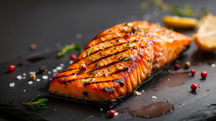 delicious looking fresh grilled salmon fillet, food photography