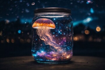 Glowing jellyfish in an aquarium