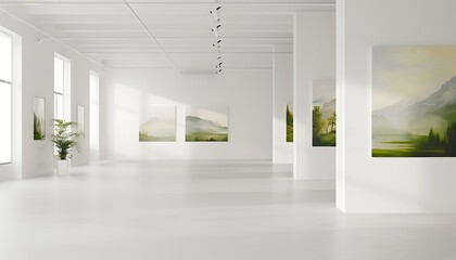 A bright and airy art gallery with white walls, featuring a series of landscape paintings that add a touch of nature to the minimalist environment.