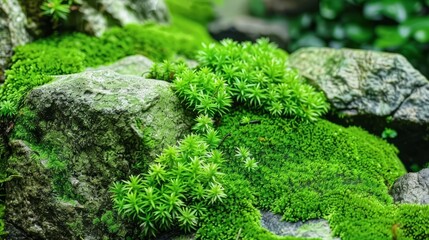 Fototapeta premium Macro view of lush green moss blanketing forest stones, natural texture for wallpaper