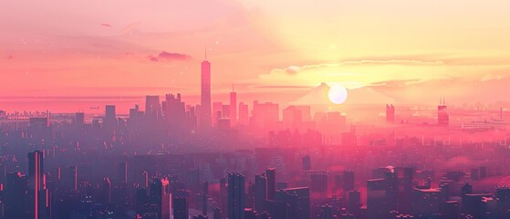 Fototapeta premium Illustrate a sunset panoramic view of a bustling cityscape, with towering skyscrapers silhouetted against the pink and orange sky, in a realistic digital painting,