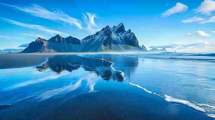 Scenic view of dramatic cliffs and black sand beach at stokksnes peninsula, iceland under moody sky