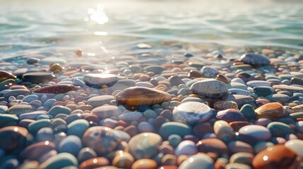 Obraz premium Pebble beach, smooth stones in various colors, wet and glossy, space for text on right, Photorealistic, High Detail