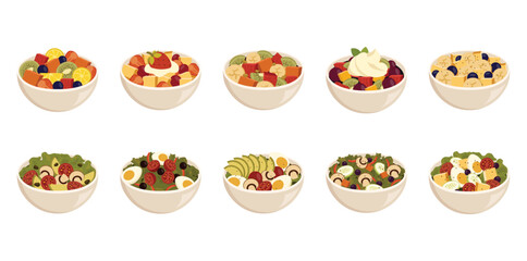 Fruit and Salad Bowl Vector Set