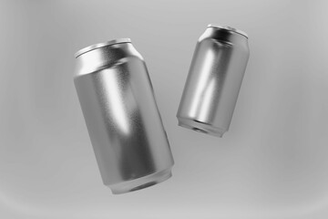 two 2 aluminum soda can mockup with isolated white background.Metal aluminum material