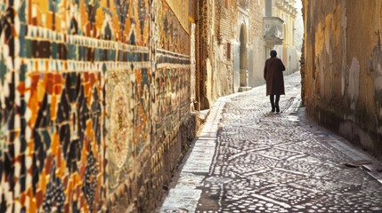 A solitary figure walks along a narrow cobblestone alley walls on either side adorned with intricate mosaic patterns. . AI generation.