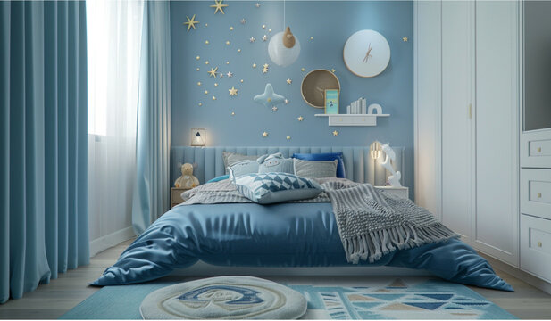 Girls' badroom with a modern and elegant feel, walls with a combination of white and pastel blue, white place and blue blanket