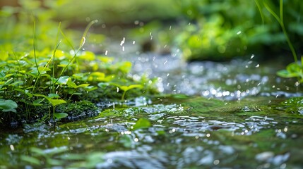 Beautiful spring close-up of fresh water stream with young green plants, horizontal banner for springtime concepts in outdoor wild nature background