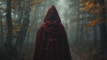 A hooded girl in a gloomy forest