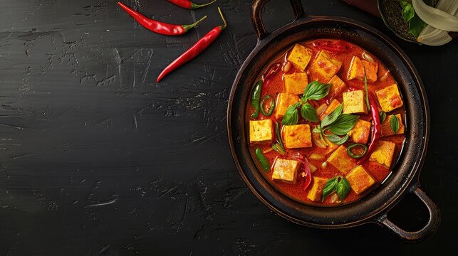 Panang curry with tofu, rich and creamy, vibrant colors, space for text on right, Photorealistic, Warm Tones
