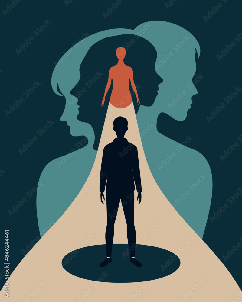 Poster the shadowy outline of a person with two figures inside symbolizing the internal conflict between on
