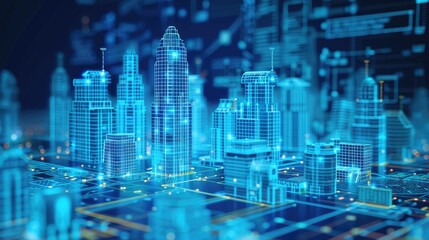 Obraz premium Futuristic cityscape with digital blueprints overlay