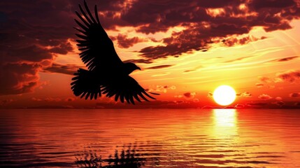 Bird soaring at sunset over ocean, beautiful sunrise silhouette, inspirational flight in divine light