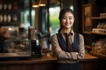 Smiling barista in modern coffee shop. Smiling barista standing confidently in a modern coffee shop, ready to serve customers with excellent coffee.