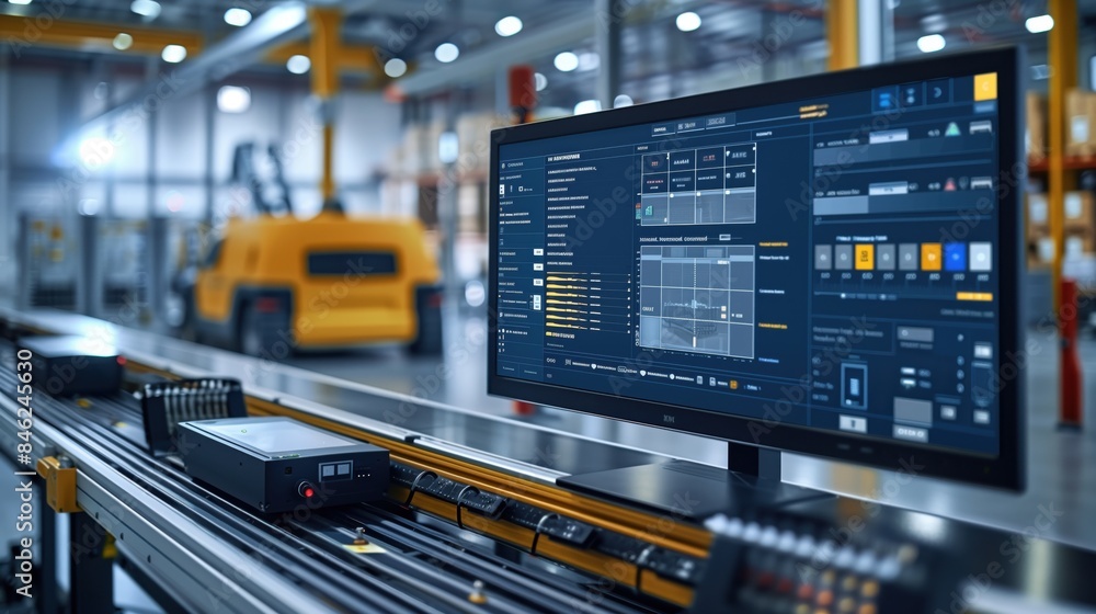 Poster warehouse conveyor system with monitoring software. conveyor system in a warehouse monitored by adva