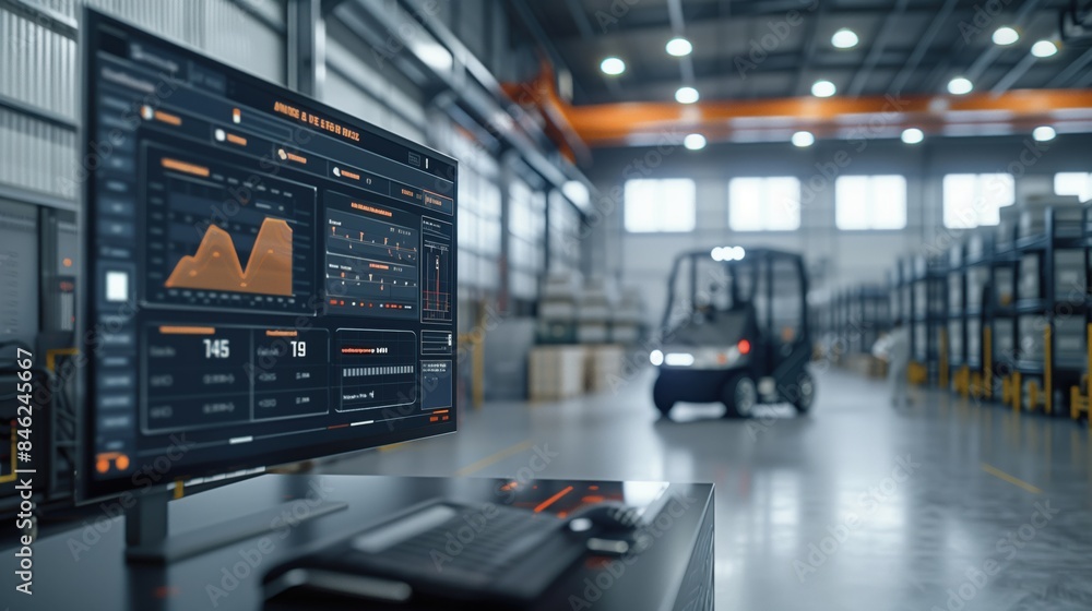 Poster logistics software display in modern warehouse. computer screen in a warehouse showing logistics sof