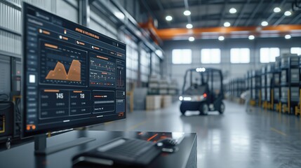 Logistics Software Display in Modern Warehouse. Computer screen in a warehouse showing logistics software with real-time data and analytics, improving warehouse operations and management.