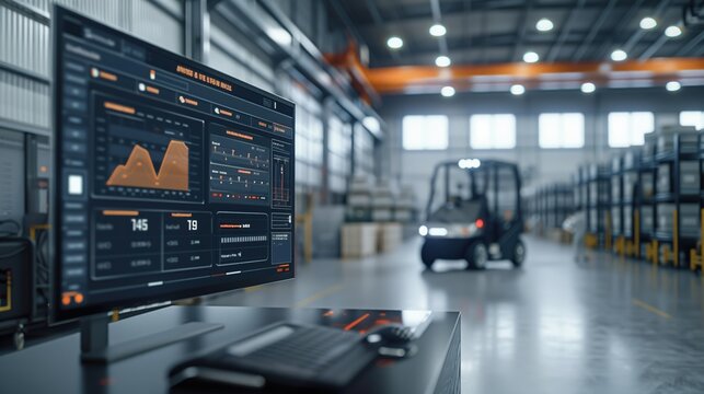Logistics Software Display in Modern Warehouse. Computer screen in a warehouse showing logistics software with real-time data and analytics, improving warehouse operations and management.