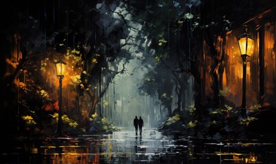 Fototapeta premium Two Figures Walking Through a Misty Forest Path