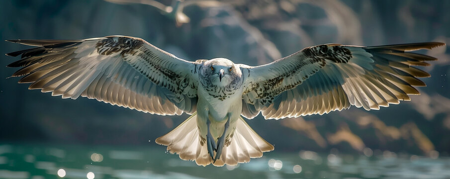 A bird with a white body and black wings is flying over the water. The bird's wingspan is large, and it is soaring through the air. Concept of freedom and grace