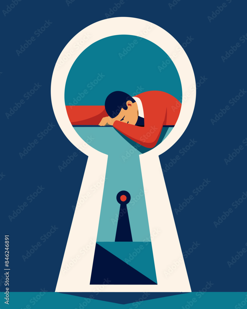 Poster through a keyhole we see a person lying in bed ped behind a barrier of intrusive thoughts that keep 