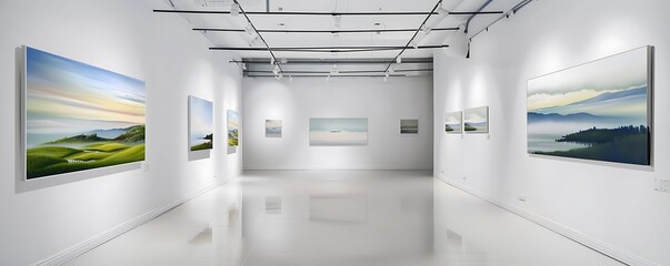A chic art gallery with sleek lighting and white walls, showcasing a series of serene landscape...