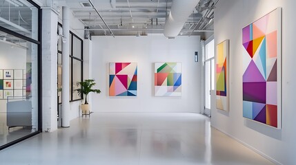 A chic art gallery with white walls and natural light, showcasing a collection of geometric abstract paintings that create a dynamic visual effect.