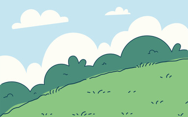 Obraz premium Cute Landscape with Green Grass and White Cloud. Kids poster background