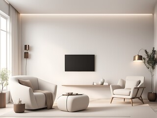  Mockup of a TV wall mounted with an armchair in the living room with a white wall design. 