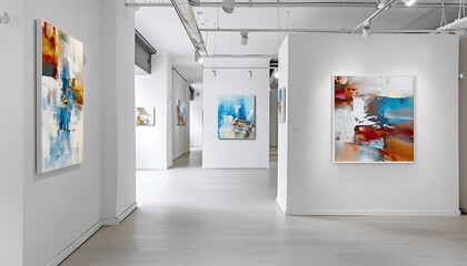 A chic art gallery with white walls and a clean, minimalist aesthetic, featuring a series of abstract paintings that add a touch of sophistication and modernity.