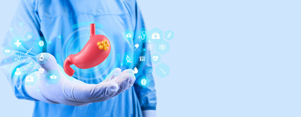 Doctor isolated on light blue background analyzes stomach cancer. Stomach with cancerous tissue....