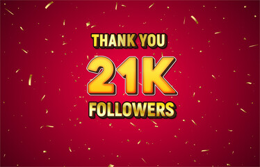 Golden 21K isolated on red background with golden confetti, Thank you followers peoples, 21K online social group,22K
