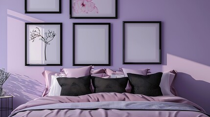 A chic bedroom with a lavender wall, showcasing four medium-sized empty black frames in a cross pattern.