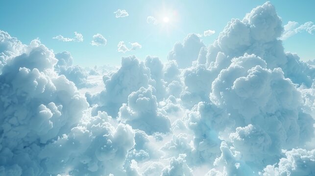 Seamless loop of soft clouds gracefully passing through the light blue sky in a mesmerizing 3D rendering.