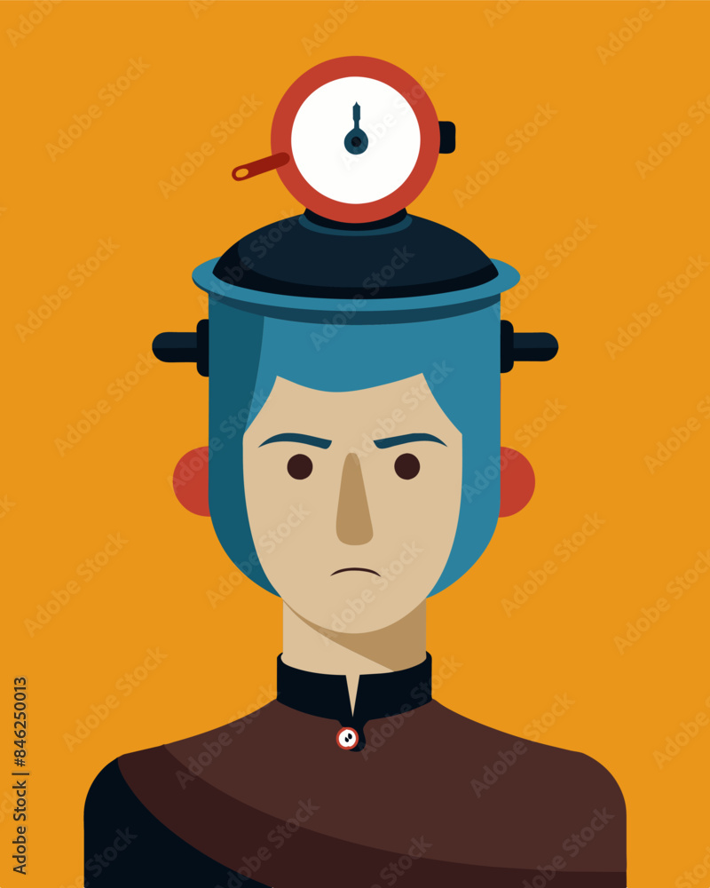 Poster the persons head is a pressure cooker with the dial turned up to its maximum limit.. vector illustra