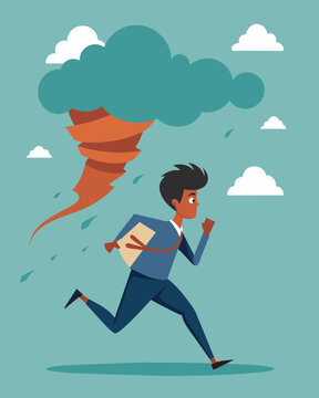 The frantic race to keep up with the demands of work school and family resembling a person trying to outrun a stress tornado.. Vector illustration