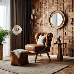 Stylish living room interior composition with creative design vintage chair, wooden cube and elegant personal accessories. Wallpaper. Copy space. Template Generative AI 