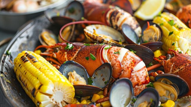 A seaside clambake the smoky aromas of charred lobster tails corn on the cob and butterdrenched clams mingling with the fresh ocean breeze.